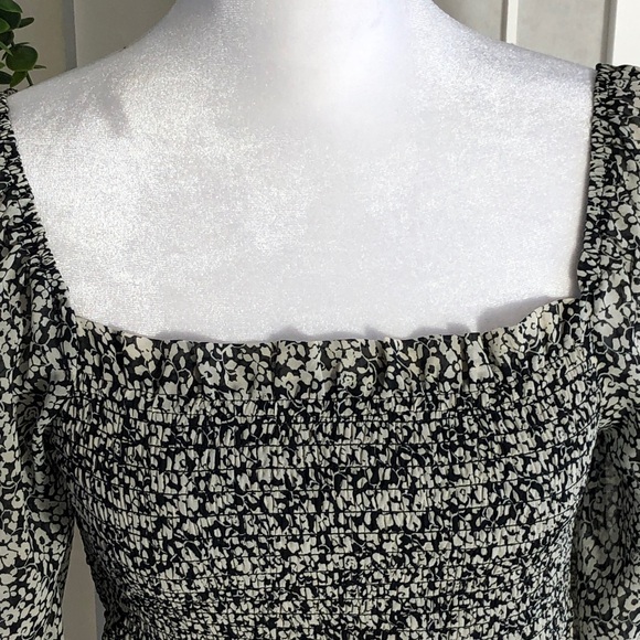 Joppa Black and Cream Smocked Blouse with Sheer Puffed Sleeves in Small. - Picture 4 of 11